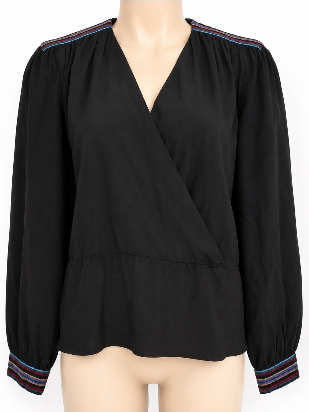 Vintage Argenti Black Silk Faux Wrap Blouse Striped Trim Long Sleeve Size 4